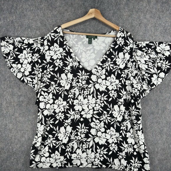 Lauren Ralph Lauren Tops - Lauren Ralph Lauren Shirt Womens 3X Black Floral V-Neck Flutter Sleeve Stretch‎